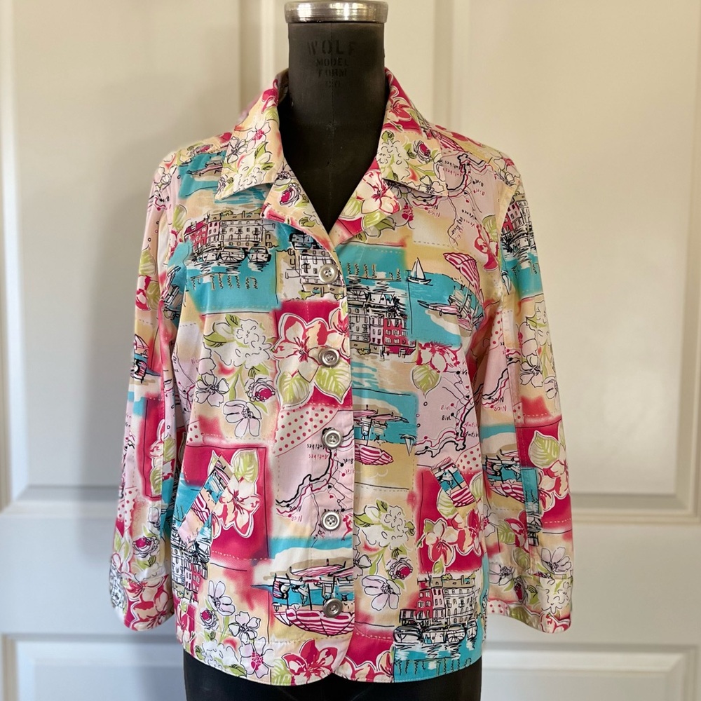 Christopher & Banks Colorful Travel Print Jacket Cotton Stretch Size M